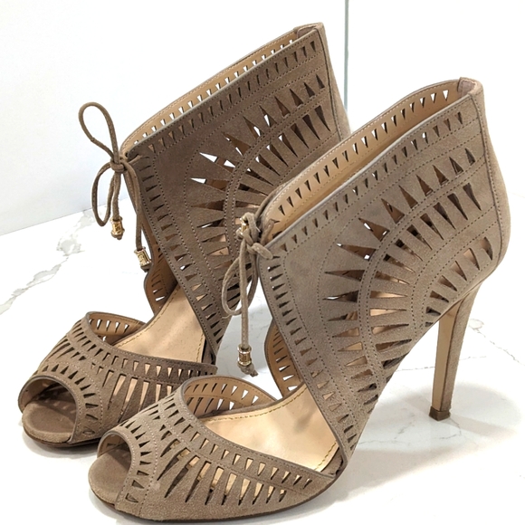 Ivanka Trump Delfino suede leather high Heels front tie Tan stiletto shoes sz 10 - Picture 8 of 14